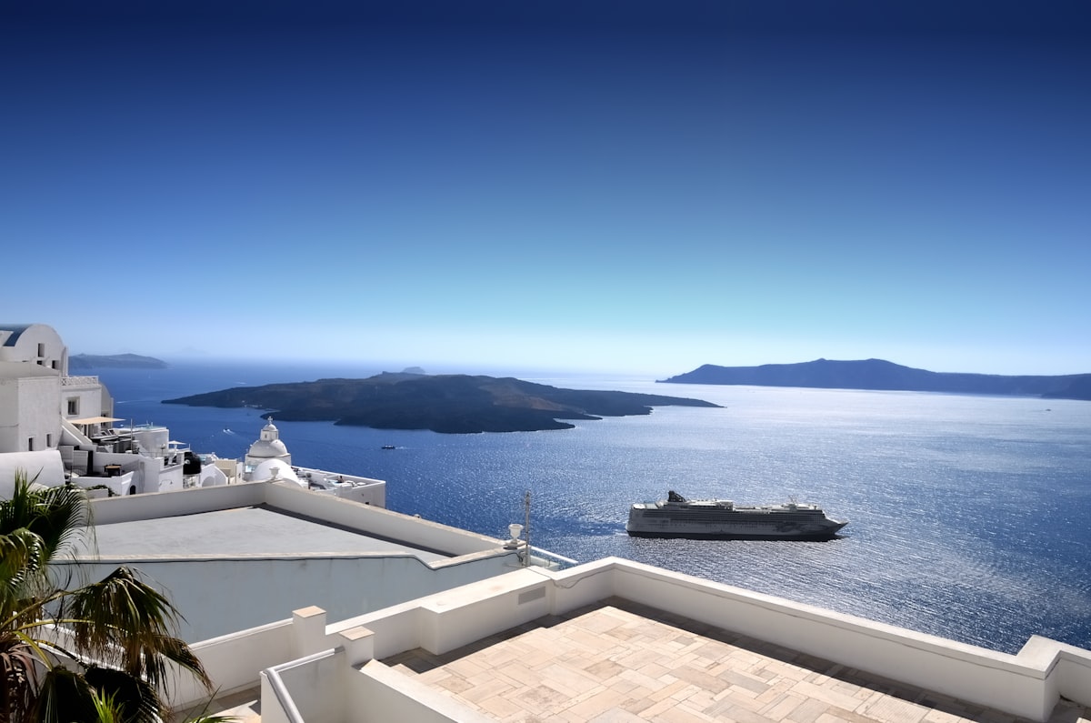 The Santorini caldera seen from Fira, the basin where cruise ships anchor and tender day-trippers ashore, no identifiable people